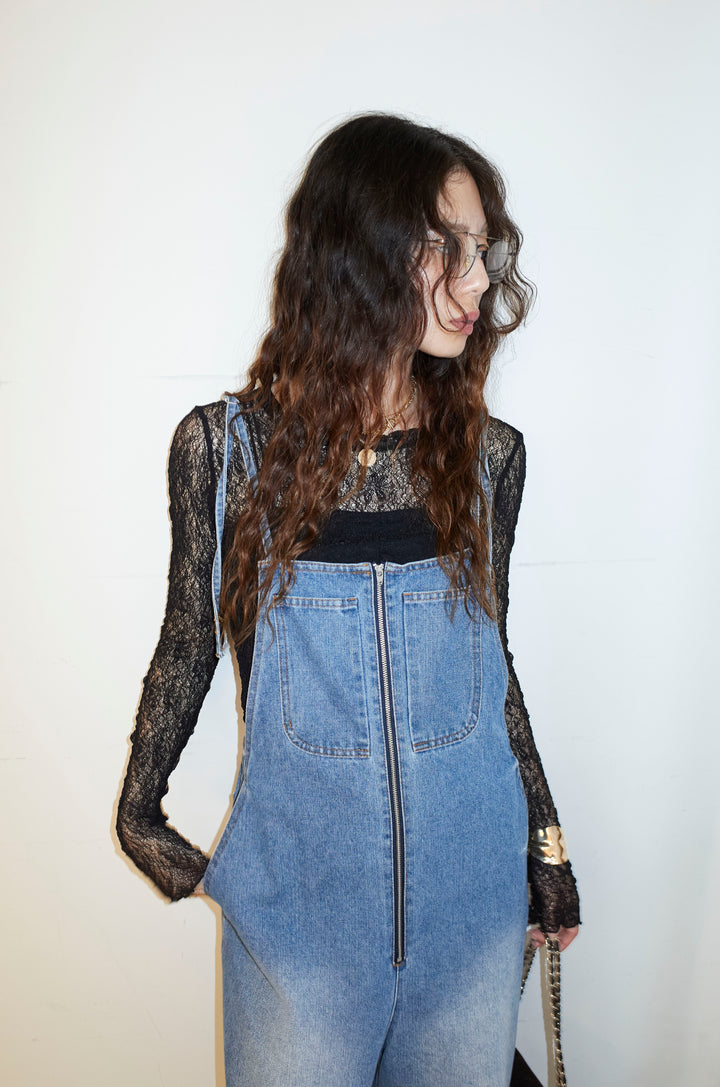 [予約/SET]シアーレーストップス+フロントジップストラップデザインデニムサロペット(2set)