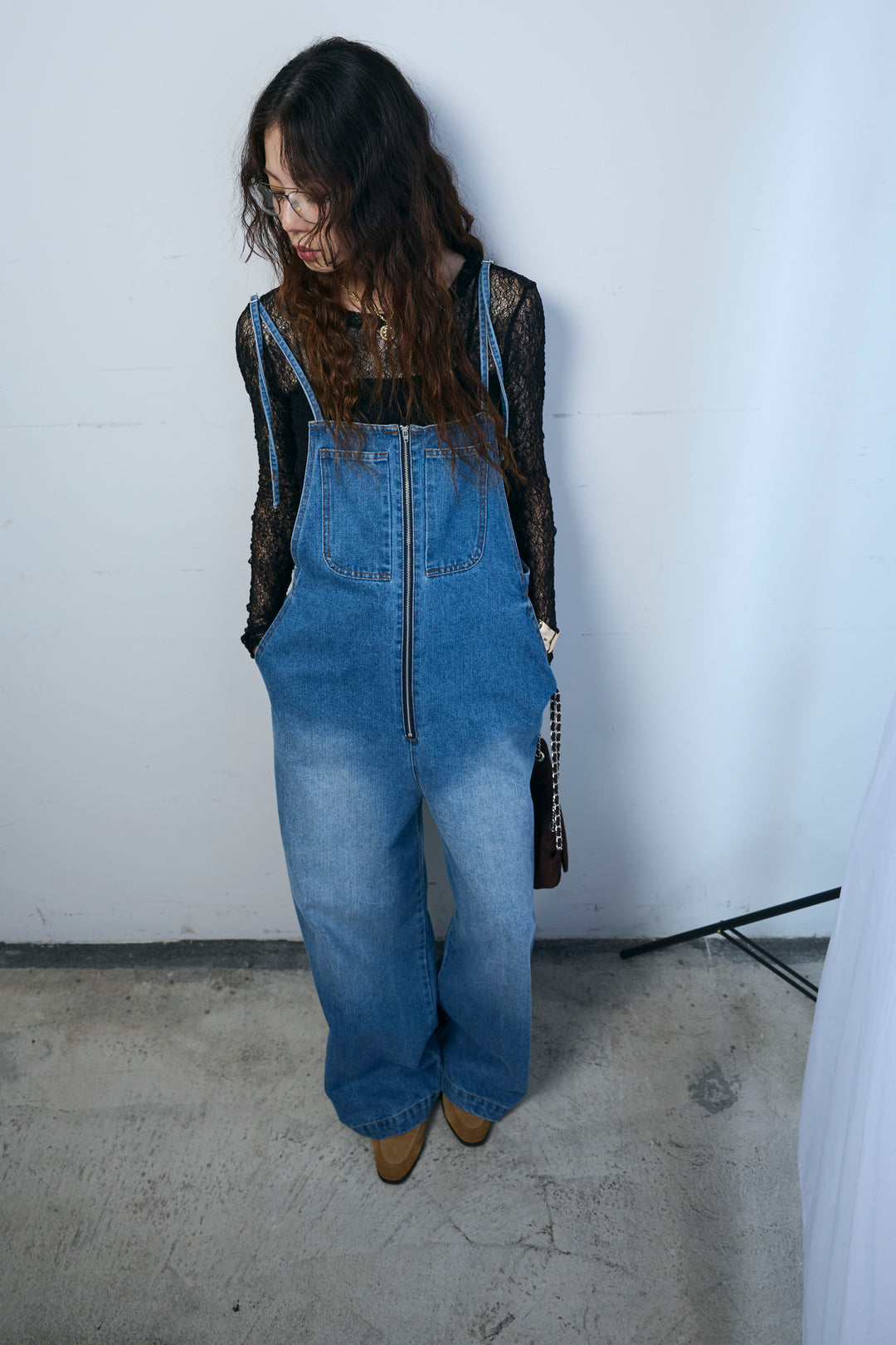 [予約/SET]シアーレーストップス+フロントジップストラップデザインデニムサロペット(2set)