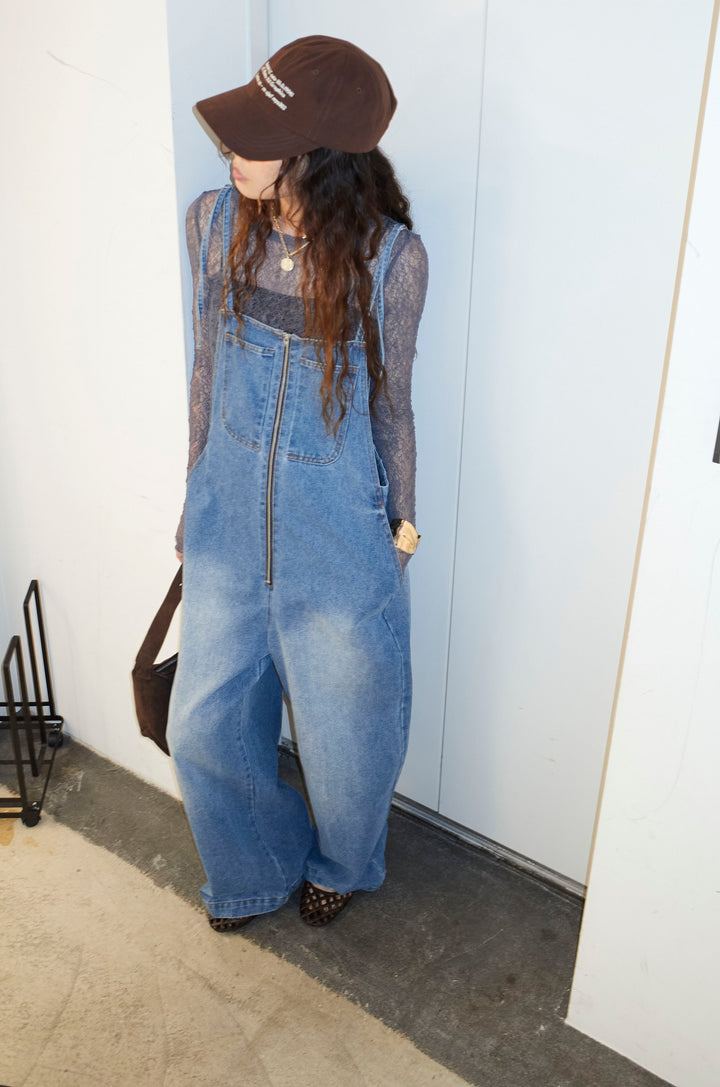 [予約/SET]シアーレーストップス+フロントジップストラップデザインデニムサロペット(2set)