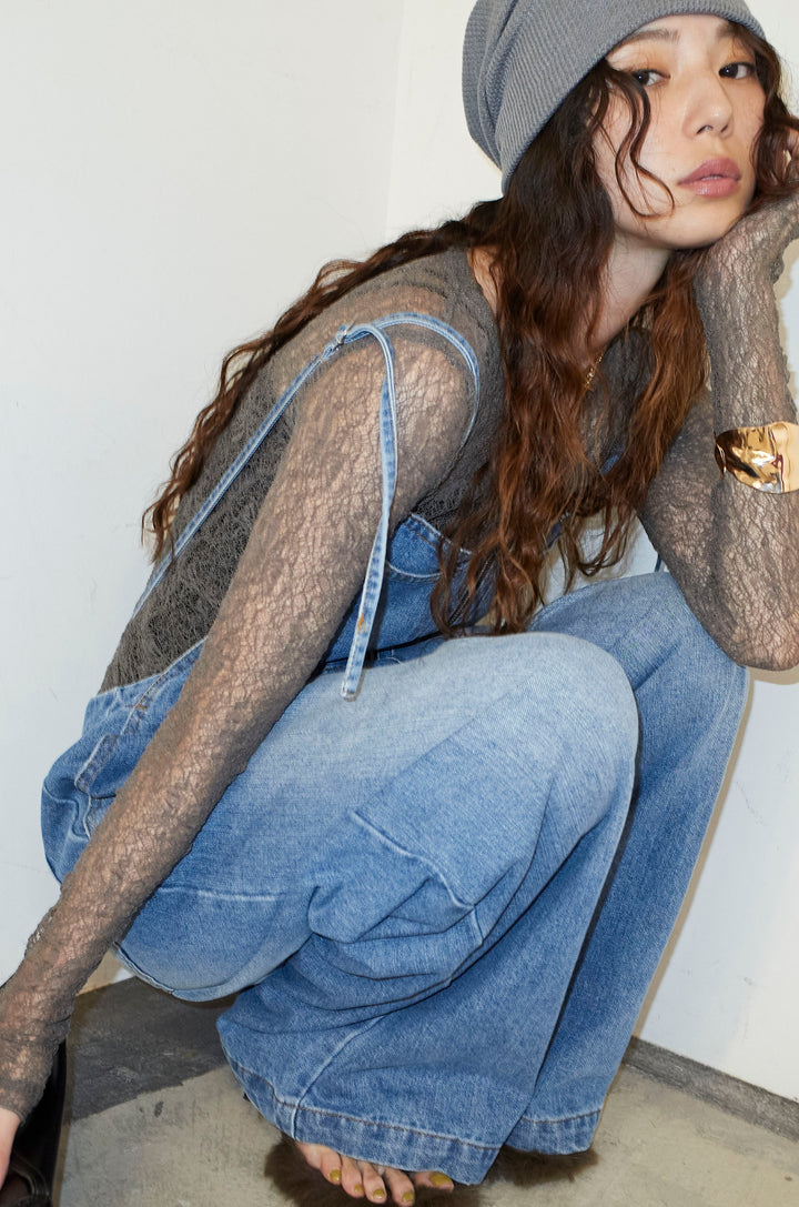 [予約/SET]シアーレーストップス+フロントジップストラップデザインデニムサロペット(2set)