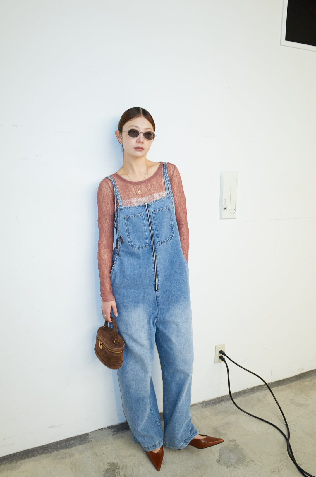 [予約/SET]シアーレーストップス+フロントジップストラップデザインデニムサロペット(2set)