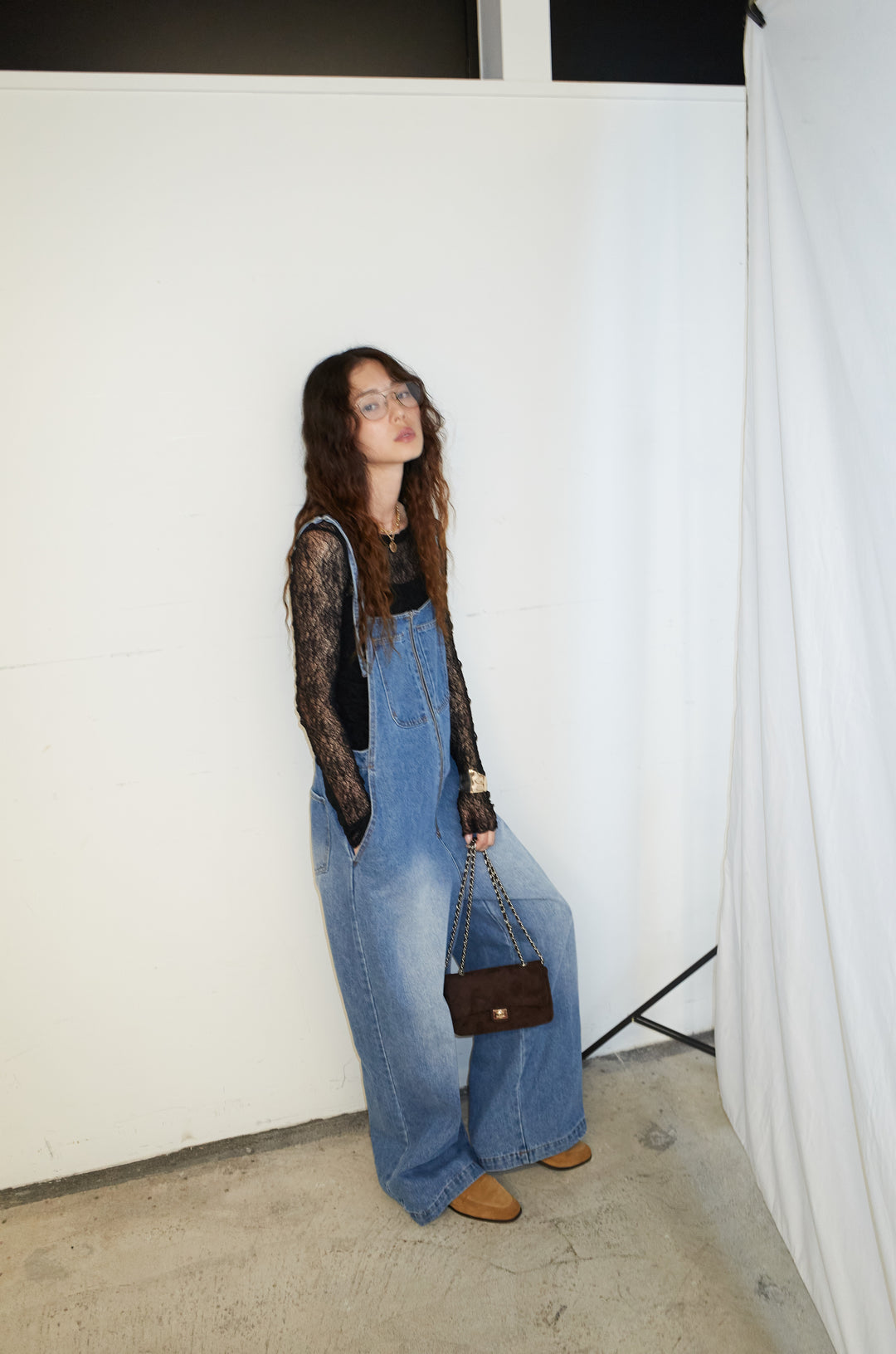 [予約/SET]シアーレーストップス+フロントジップストラップデザインデニムサロペット(2set)