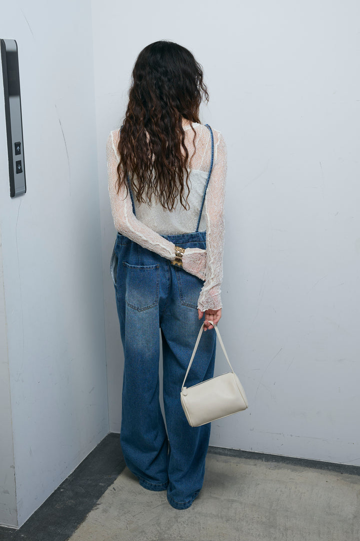 [予約/SET]シアーレーストップス+フロントジップストラップデザインデニムサロペット(2set)