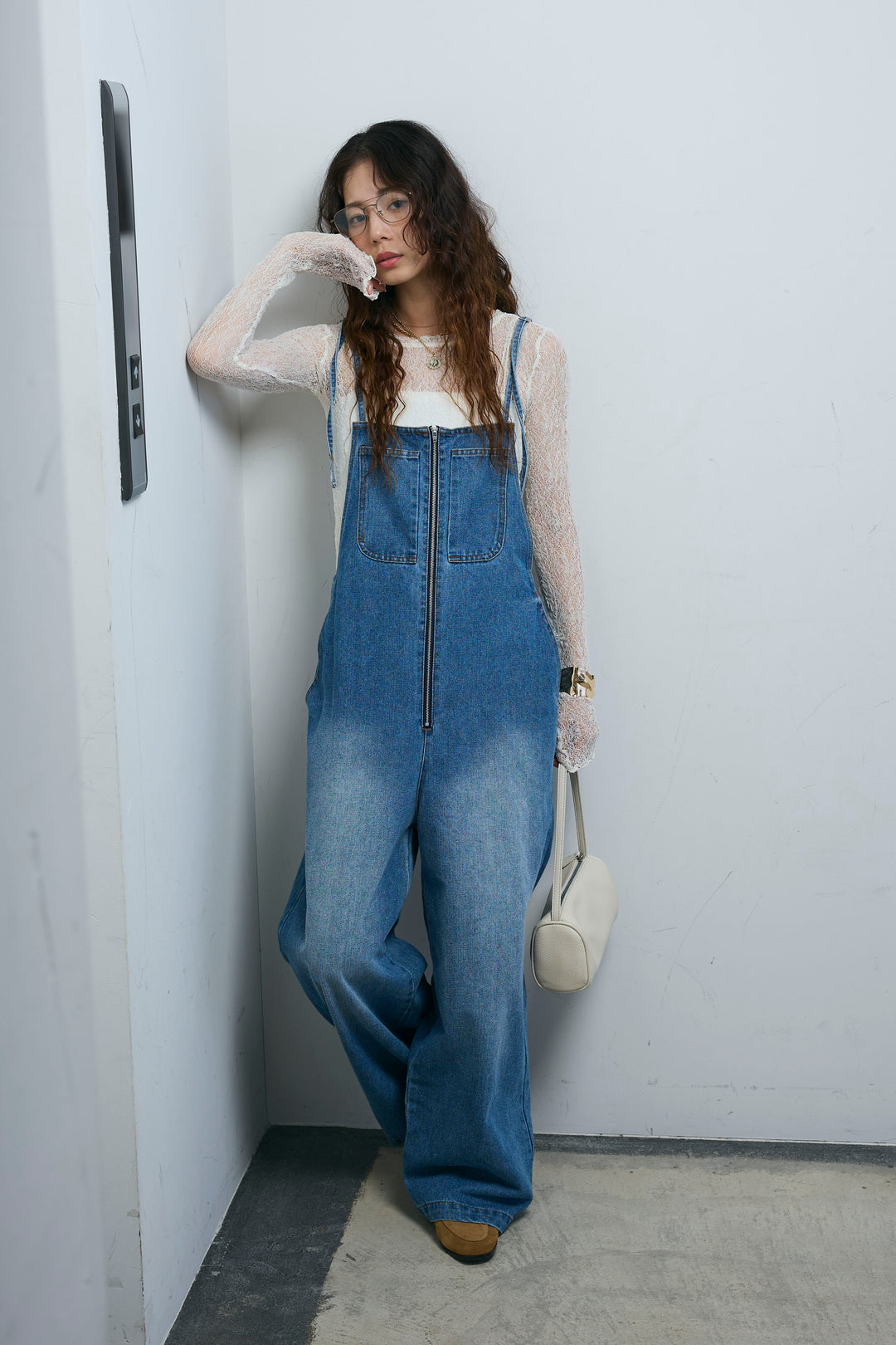 [予約/SET]シアーレーストップス+フロントジップストラップデザインデニムサロペット(2set)