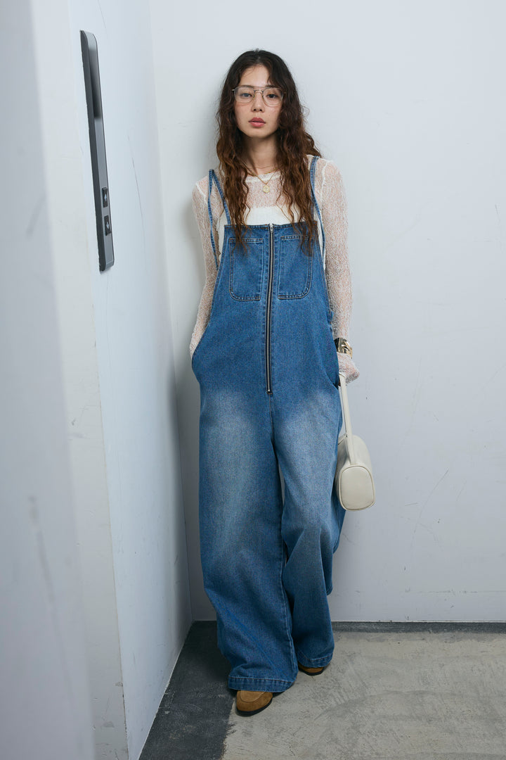 [予約/SET]シアーレーストップス+フロントジップストラップデザインデニムサロペット(2set)