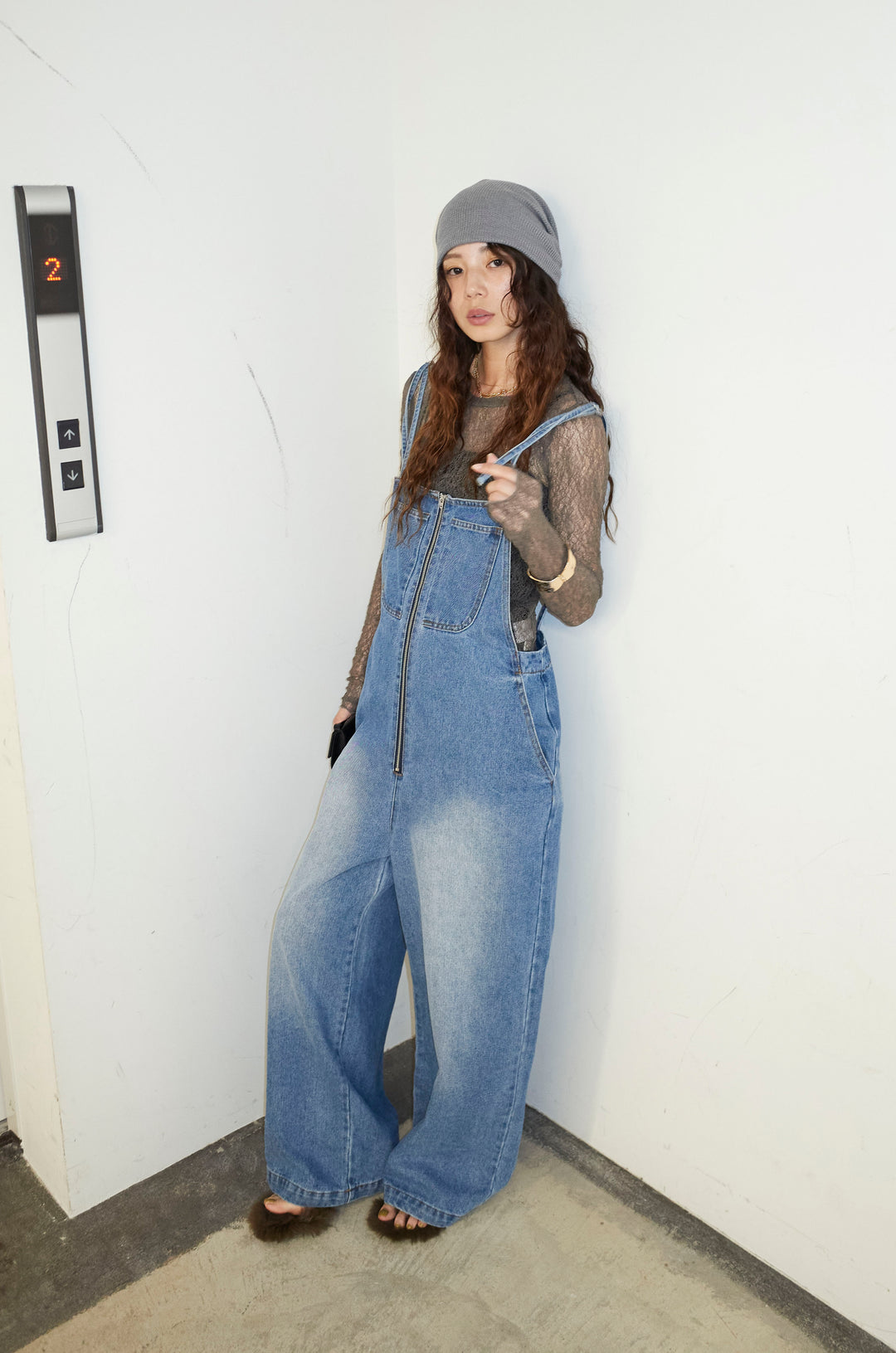 [予約/SET]シアーレーストップス+フロントジップストラップデザインデニムサロペット(2set)