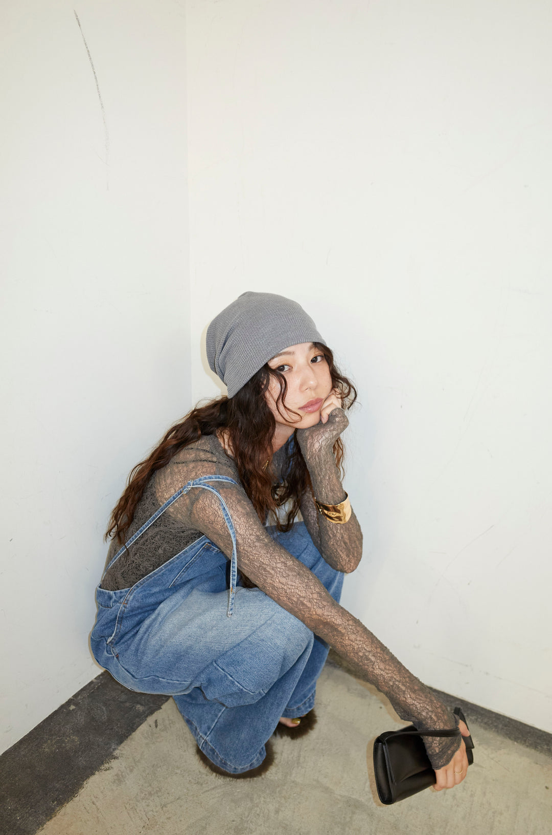 [予約/SET]シアーレーストップス+フロントジップストラップデザインデニムサロペット(2set)