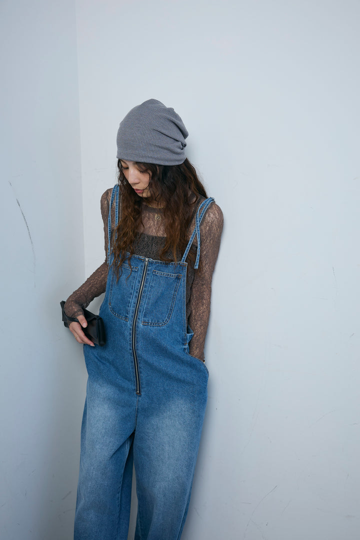 [予約/SET]シアーレーストップス+フロントジップストラップデザインデニムサロペット(2set)