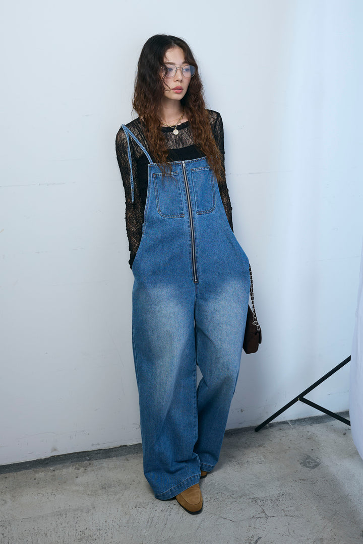 [予約/SET]シアーレーストップス+フロントジップストラップデザインデニムサロペット(2set)