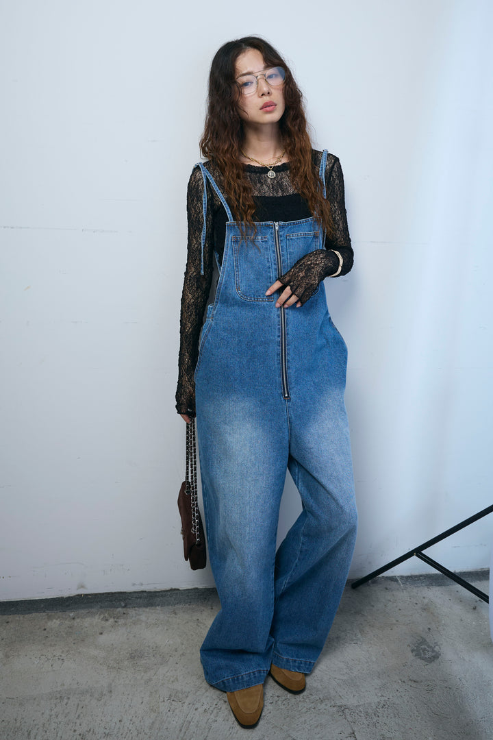 [予約/SET]シアーレーストップス+フロントジップストラップデザインデニムサロペット(2set)