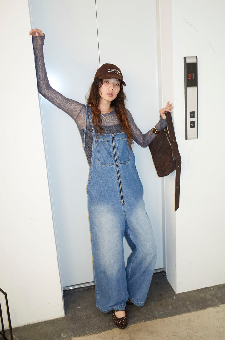 [予約/SET]シアーレーストップス+フロントジップストラップデザインデニムサロペット(2set)