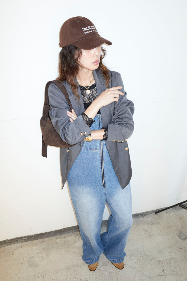 [予約/SET]TRツイルダブルテーラードジャケット+シアーレーストップス+フロントジップストラップデザインデニムサロペット(3set)