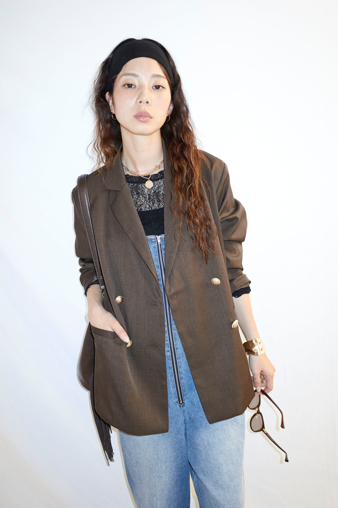 [予約/SET]TRツイルダブルテーラードジャケット+フロントジップストラップデザインデニムサロペット(2set)