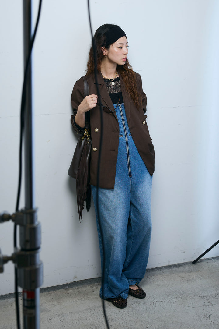 [予約/SET]TRツイルダブルテーラードジャケット+フロントジップストラップデザインデニムサロペット(2set)