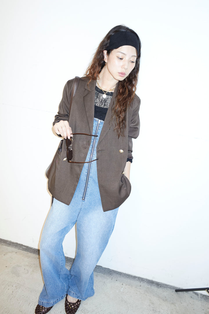 [予約/SET]TRツイルダブルテーラードジャケット+シアーレーストップス+フロントジップストラップデザインデニムサロペット(3set)