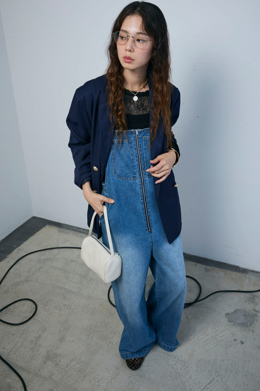 [予約/SET]TRツイルダブルテーラードジャケット+フロントジップストラップデザインデニムサロペット(2set)