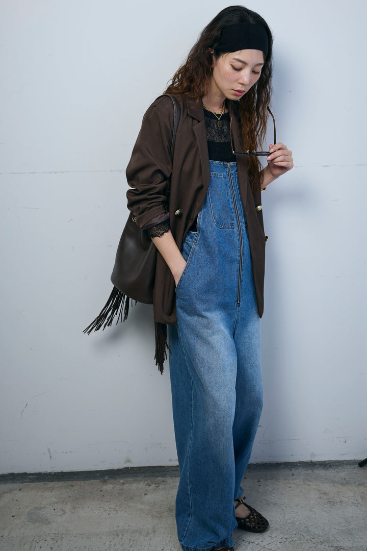 [予約/SET]TRツイルダブルテーラードジャケット+フロントジップストラップデザインデニムサロペット(2set)