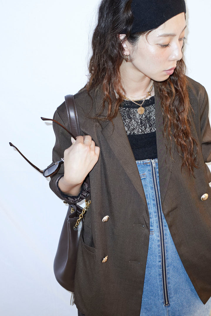 [予約/SET]TRツイルダブルテーラードジャケット+フロントジップストラップデザインデニムサロペット(2set)