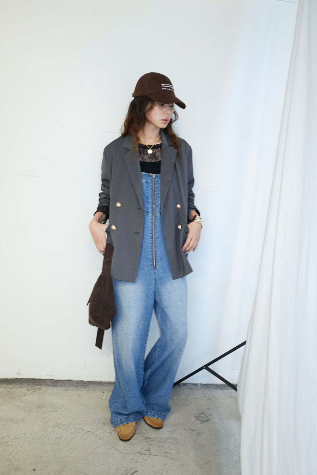 [予約/SET]TRツイルダブルテーラードジャケット+フロントジップストラップデザインデニムサロペット(2set)