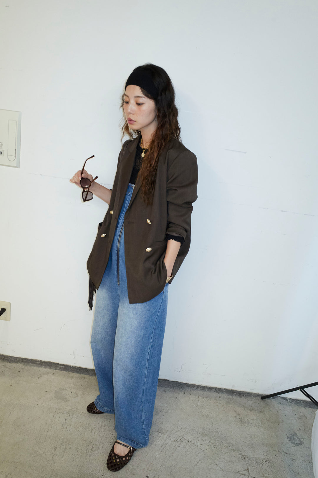 [予約/SET]TRツイルダブルテーラードジャケット+フロントジップストラップデザインデニムサロペット(2set)