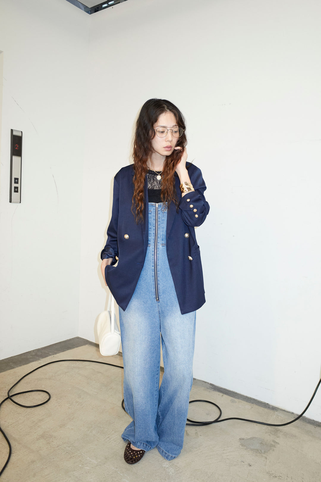 [予約/SET]TRツイルダブルテーラードジャケット+フロントジップストラップデザインデニムサロペット(2set)