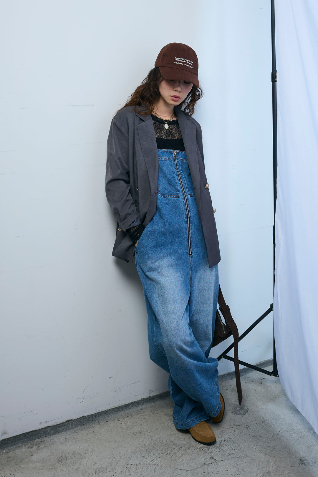 [予約/SET]TRツイルダブルテーラードジャケット+フロントジップストラップデザインデニムサロペット(2set)