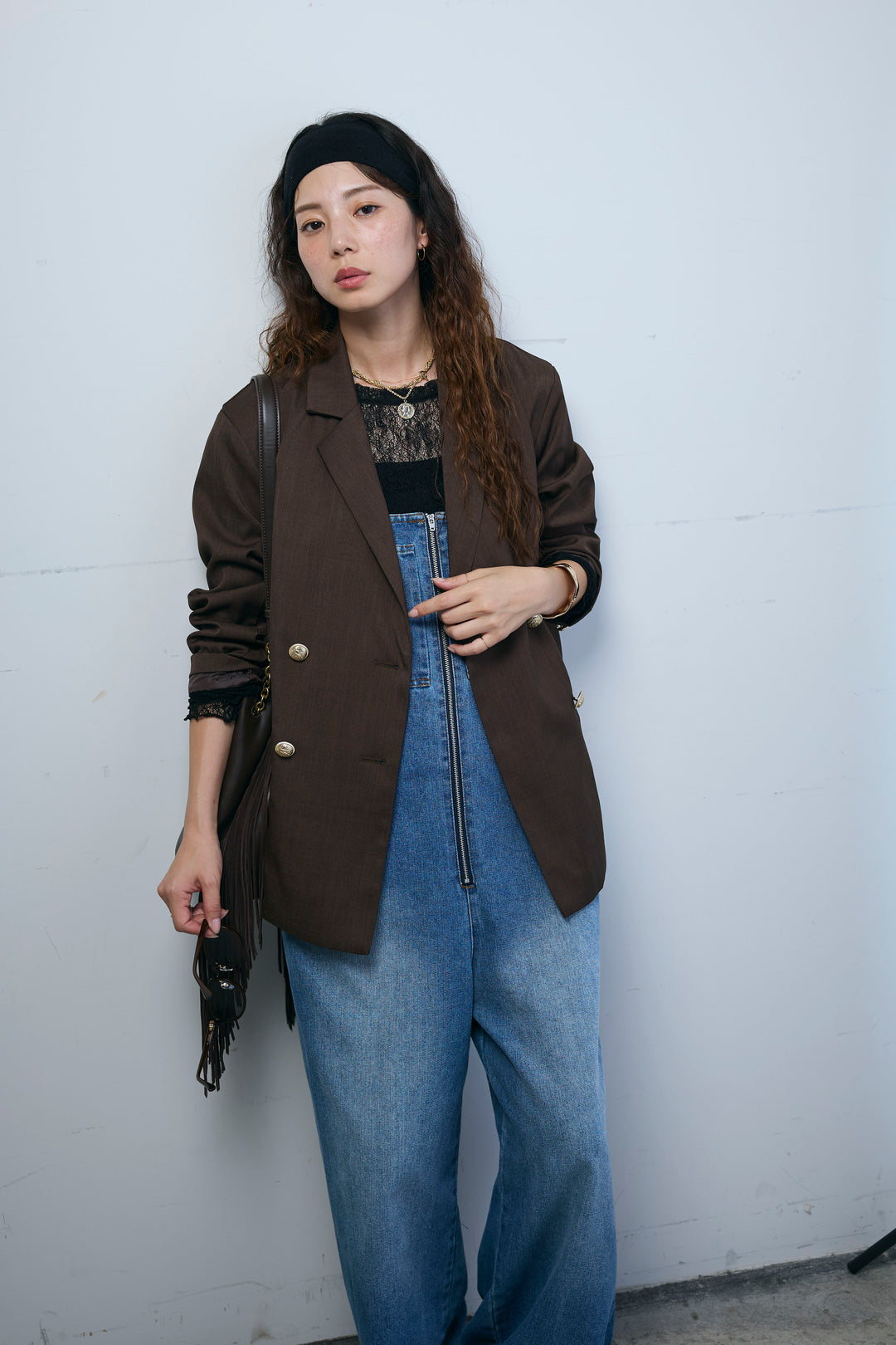 [予約/SET]TRツイルダブルテーラードジャケット+シアーレーストップス+フロントジップストラップデザインデニムサロペット(3set)