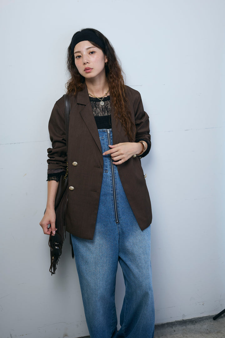 [予約/SET]TRツイルダブルテーラードジャケット+シアーレーストップス+フロントジップストラップデザインデニムサロペット(3set)