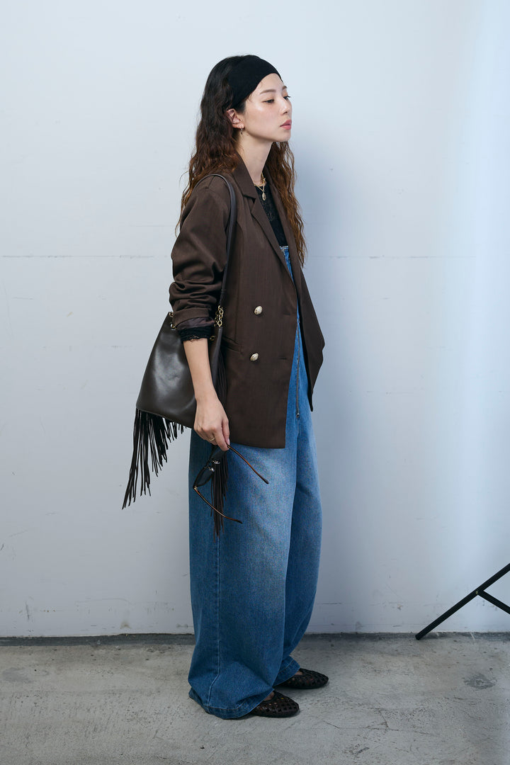 [予約/SET]TRツイルダブルテーラードジャケット+シアーレーストップス+フロントジップストラップデザインデニムサロペット(3set)