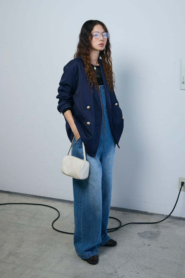 [予約/SET]TRツイルダブルテーラードジャケット+フロントジップストラップデザインデニムサロペット(2set)