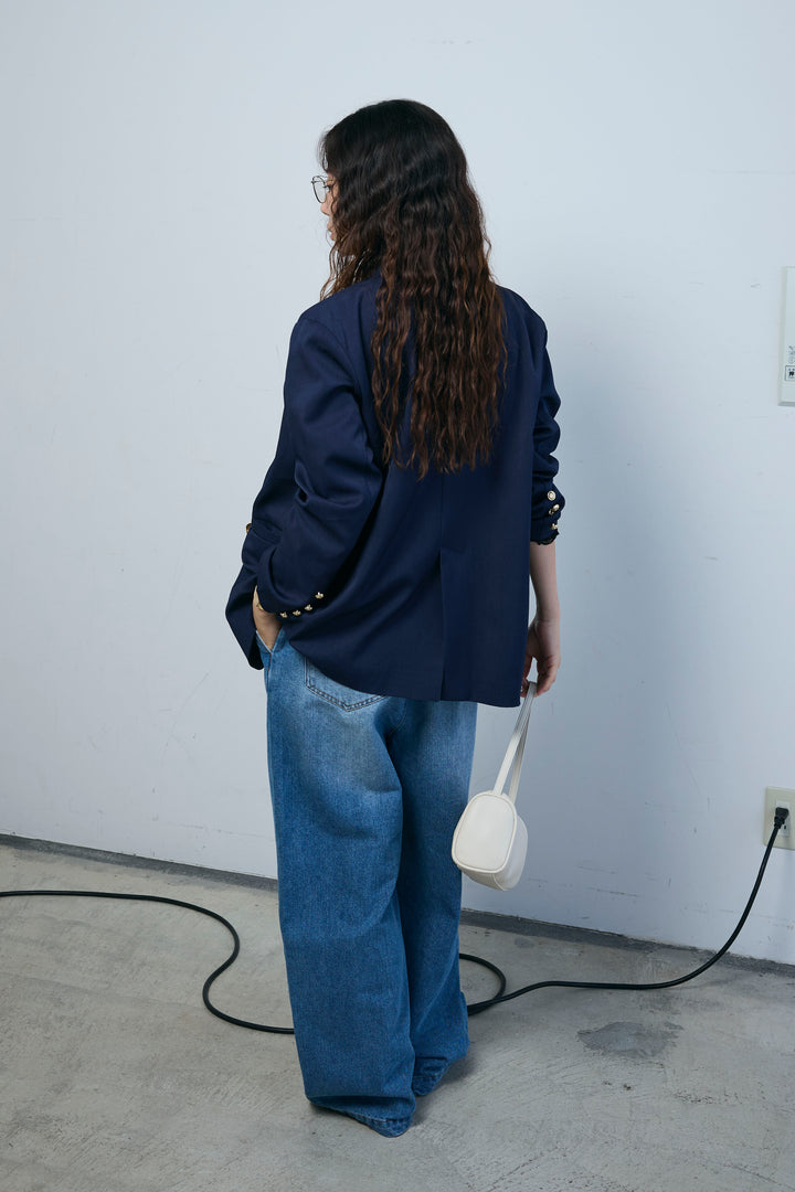 [予約/SET]TRツイルダブルテーラードジャケット+シアーレーストップス+フロントジップストラップデザインデニムサロペット(3set)