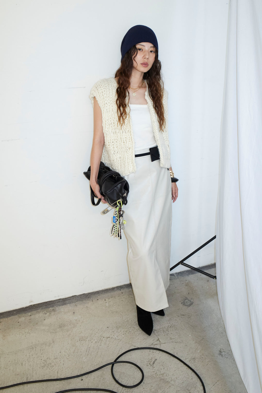 [予約/SET]ハンドニットロービングベスト+エコレザーバックスリットペンシルスカート(2set)