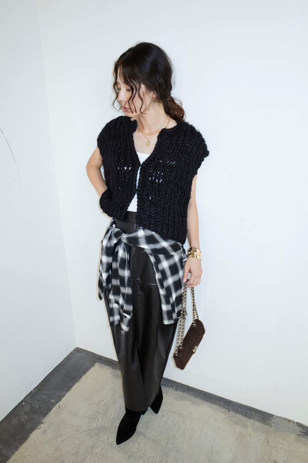 [予約/SET]ハンドニットロービングベスト+エコレザーバックスリットペンシルスカート(2set)