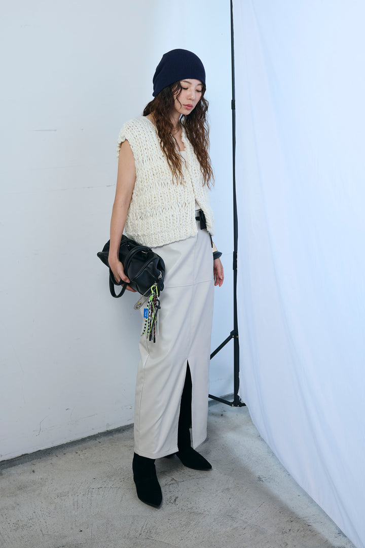 [予約/SET]ハンドニットロービングベスト+エコレザーバックスリットペンシルスカート(2set)