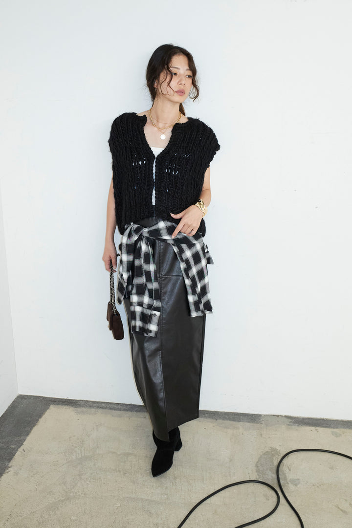 [予約/SET]ハンドニットロービングベスト+エコレザーバックスリットペンシルスカート(2set)