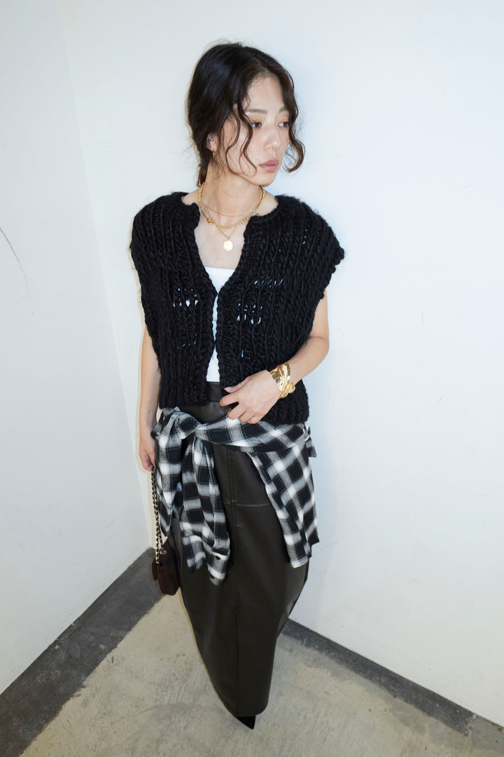 [予約/SET]ハンドニットロービングベスト+エコレザーバックスリットペンシルスカート(2set)