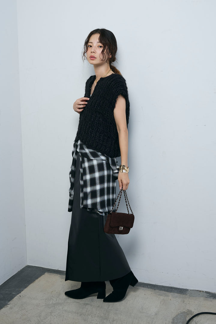 [予約/SET]ハンドニットロービングベスト+エコレザーバックスリットペンシルスカート(2set)