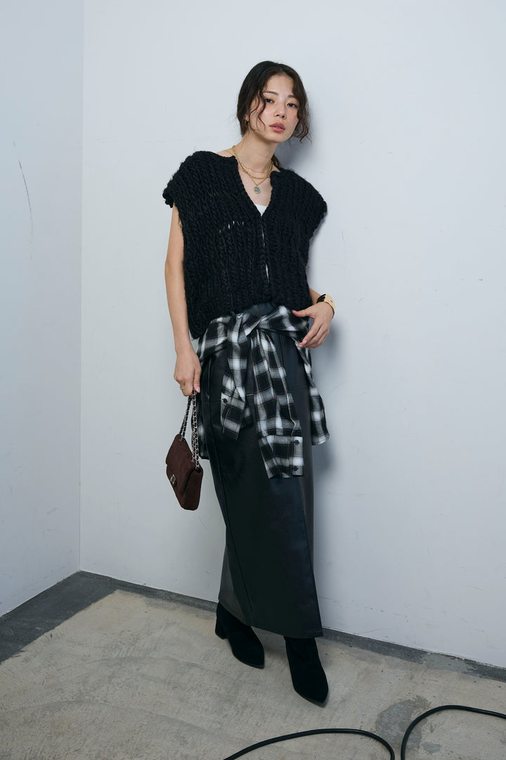 [予約/SET]ハンドニットロービングベスト+エコレザーバックスリットペンシルスカート(2set)