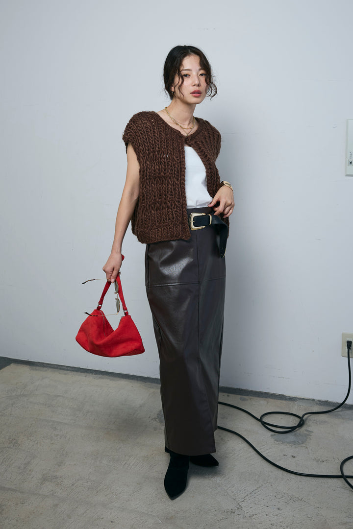 [予約/SET]ハンドニットロービングベスト+エコレザーバックスリットペンシルスカート(2set)