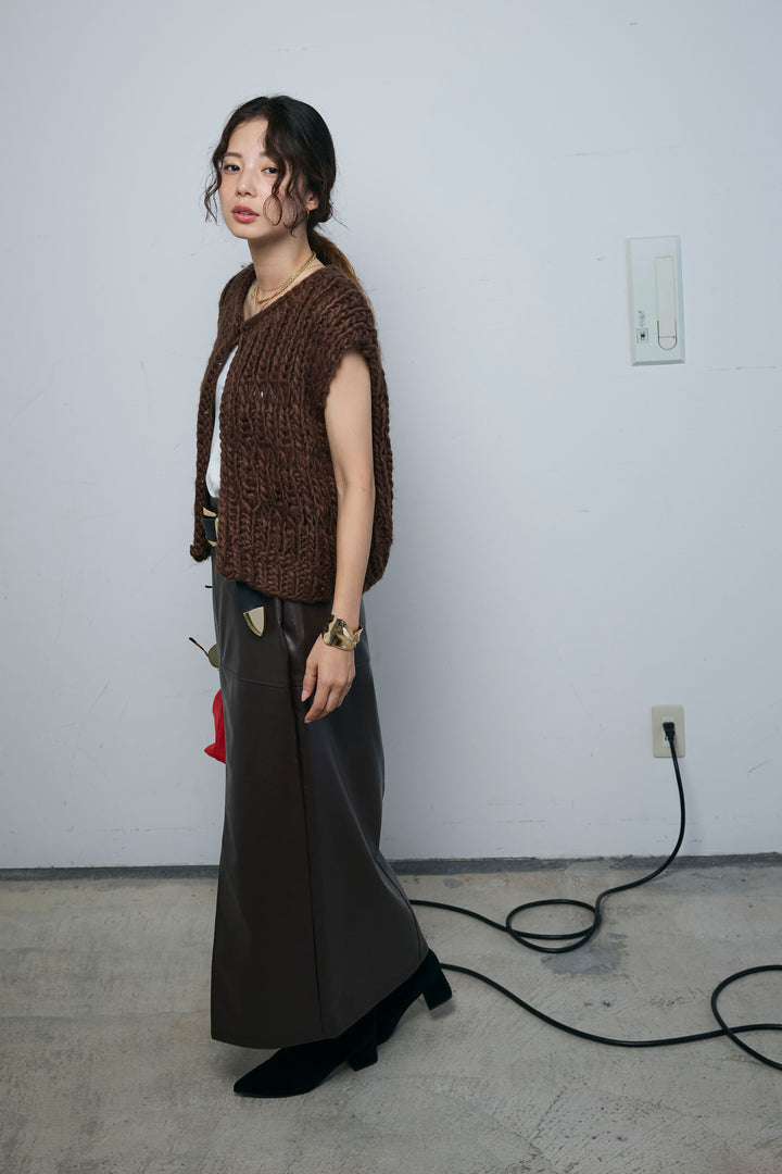 [予約/SET]ハンドニットロービングベスト+エコレザーバックスリットペンシルスカート(2set)