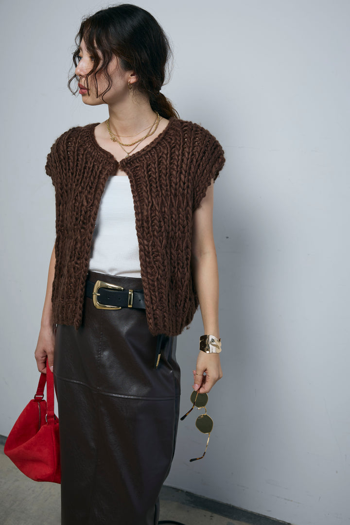 [予約/SET]ハンドニットロービングベスト+エコレザーバックスリットペンシルスカート(2set)