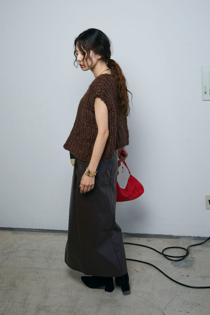 [予約/SET]ハンドニットロービングベスト+エコレザーバックスリットペンシルスカート(2set)