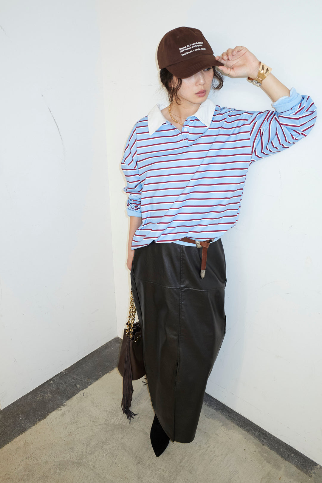 [予約/SET]ポロ襟ボーダーTOPS+エコレザーバックスリットペンシルスカート(2set)