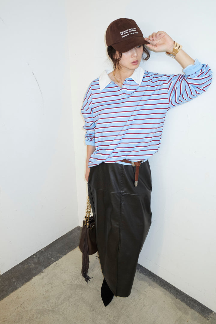 [予約/SET]ポロ襟ボーダーTOPS+エコレザーバックスリットペンシルスカート(2set)