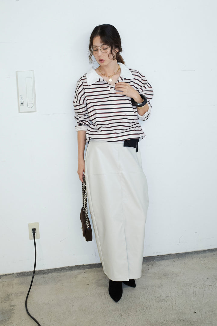 [予約/SET]ポロ襟ボーダーTOPS+エコレザーバックスリットペンシルスカート(2set)