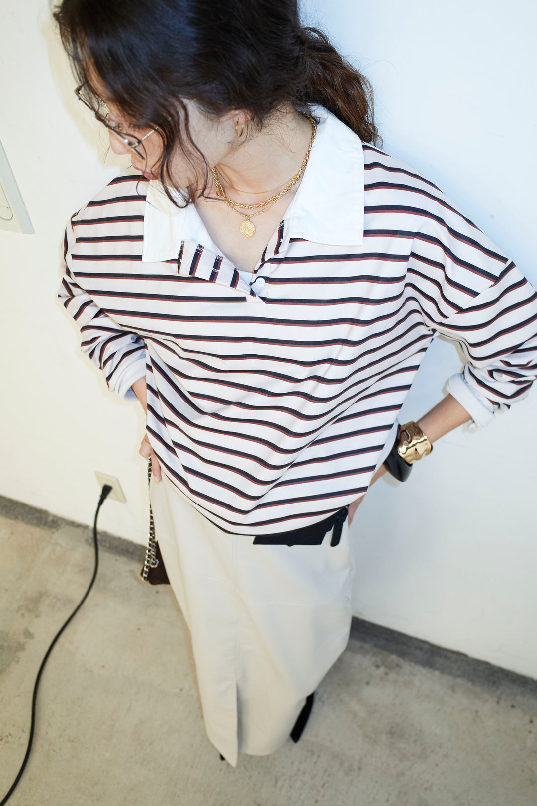 [予約/SET]ポロ襟ボーダーTOPS+エコレザーバックスリットペンシルスカート(2set)