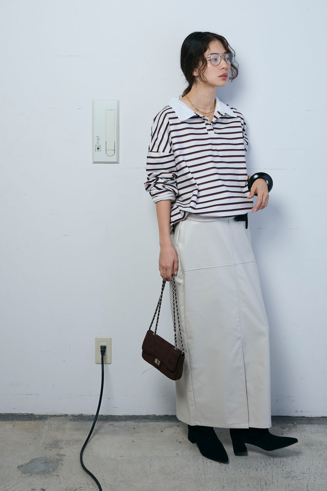 [予約/SET]ポロ襟ボーダーTOPS+エコレザーバックスリットペンシルスカート(2set)