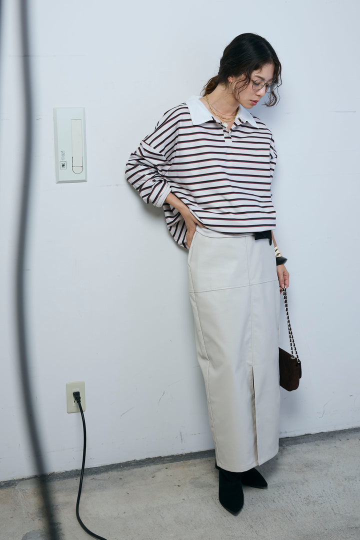 [予約/SET]ポロ襟ボーダーTOPS+エコレザーバックスリットペンシルスカート(2set)