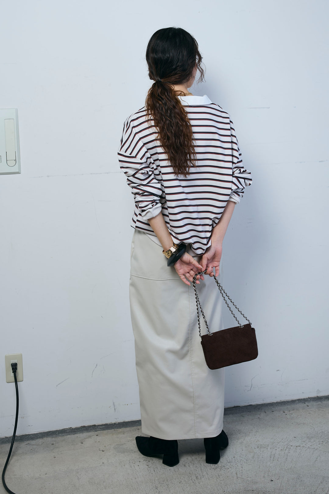 [予約/SET]ポロ襟ボーダーTOPS+エコレザーバックスリットペンシルスカート(2set)