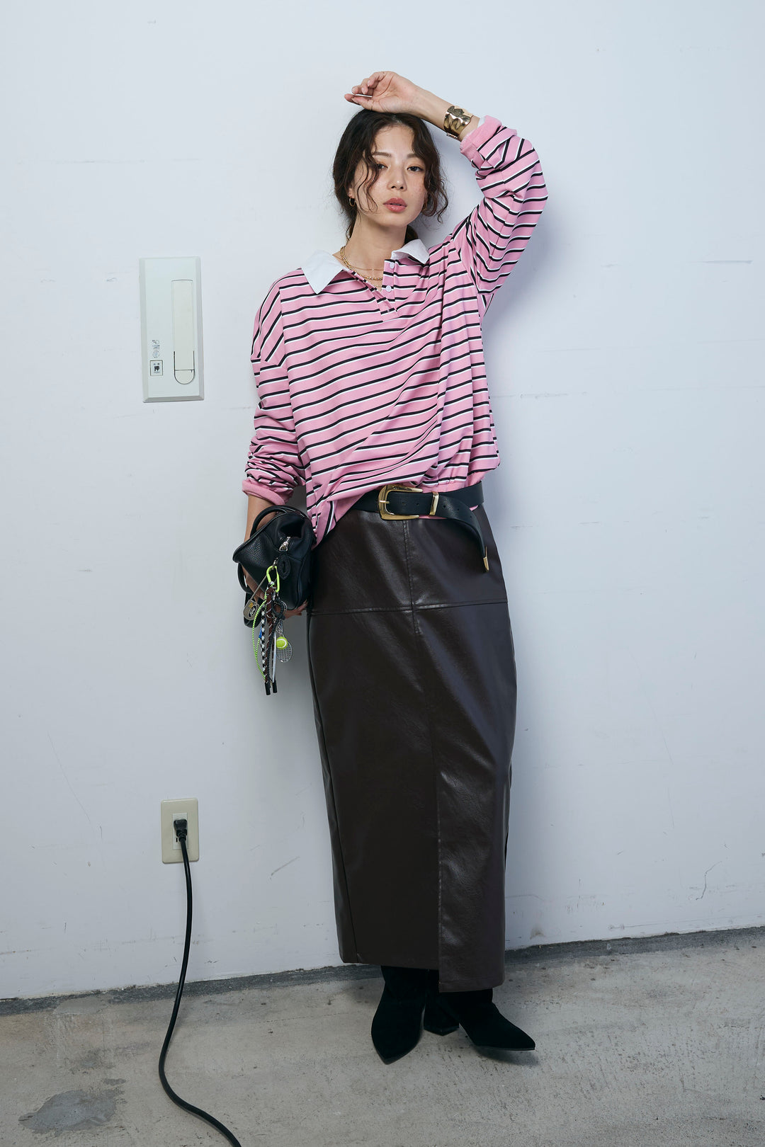 [予約/SET]ポロ襟ボーダーTOPS+エコレザーバックスリットペンシルスカート(2set)